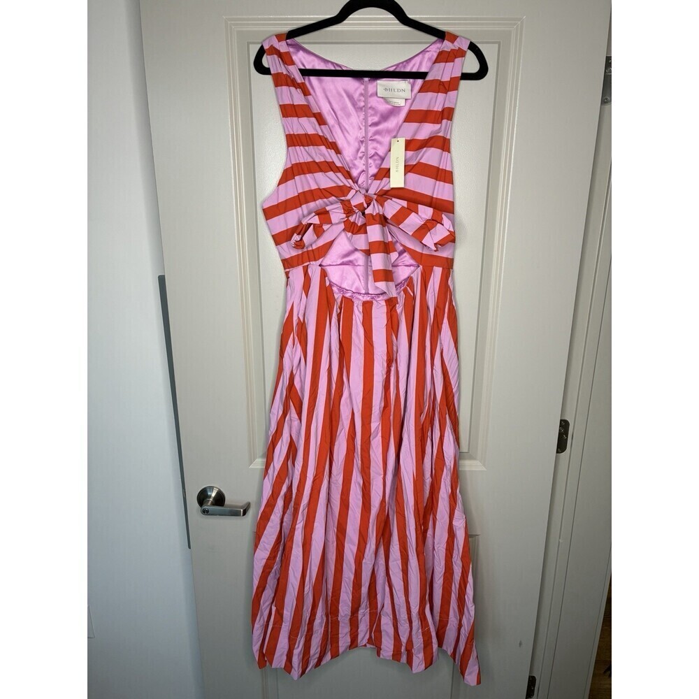 BHLDN NWT Madeline Sleeveless V-Neck Cutout Taffeta Midi Dress Pink Stripe XL - Picture 3 of 9